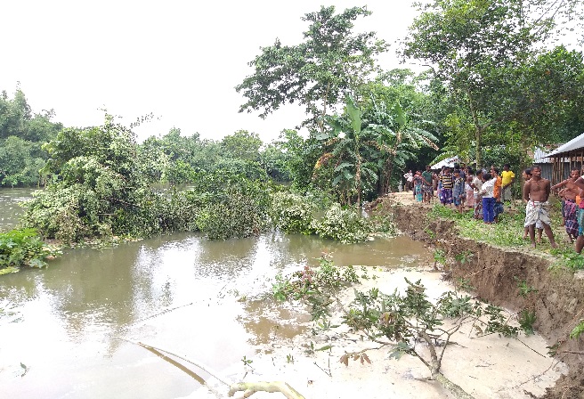 সোনাতলার পৌর এলাকার কামারপাড়ায় বন্যার পানির তিব্র স্রোতে ১৭টি বসতবাড়ী সহ বন্যায় ১৮৭টি ঘরবাড়ি বিলিন